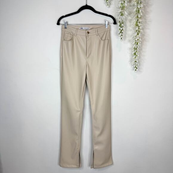 ZARA blogger fave faux leather pants high rise flared leg cream tan - Picture 4 of 11